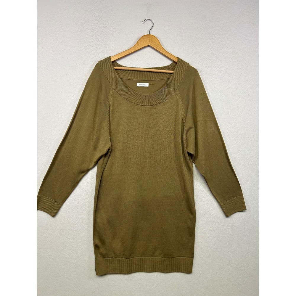 Minimalist Modern Calvin Klein Women Large Olive Green Scoop Neck Tunic Sweater